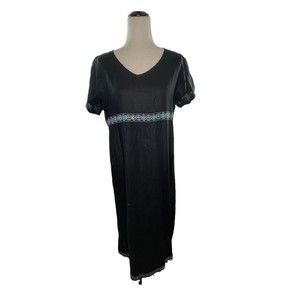 Vintage Black Linen Dress Sz S Beaded Navajo Embroidered Ribbon Trimmed Maxi